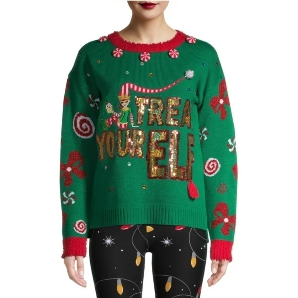 Holiday Time 3D Ugly Christmas Sweater Treat Your Elf Glitzy Crew Neck S…